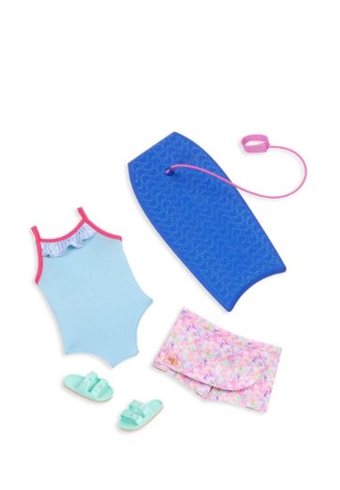 صورة دمية إيفانا من أور جينيريشن - دمية شاطئ مقاس 18 بوصة مع لوح تزلج على الماء - تتضمن مجموعة ملابس شاطئ مكونة من 3 قطع 